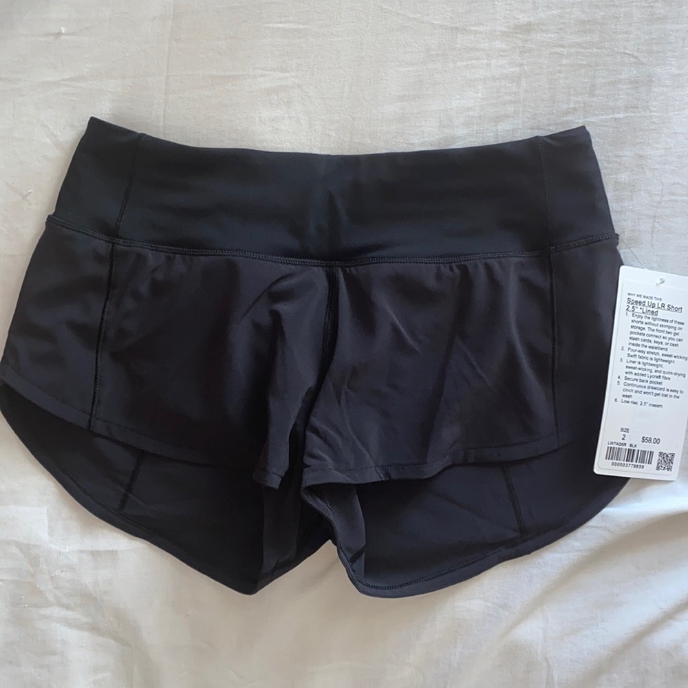 Brand new Lululemon black speed up shorts. Size 2 and  2.5”